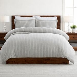 Pottery Barn Belgian Flax Linen Stripe Duvet Cover F/Q Gray NWT